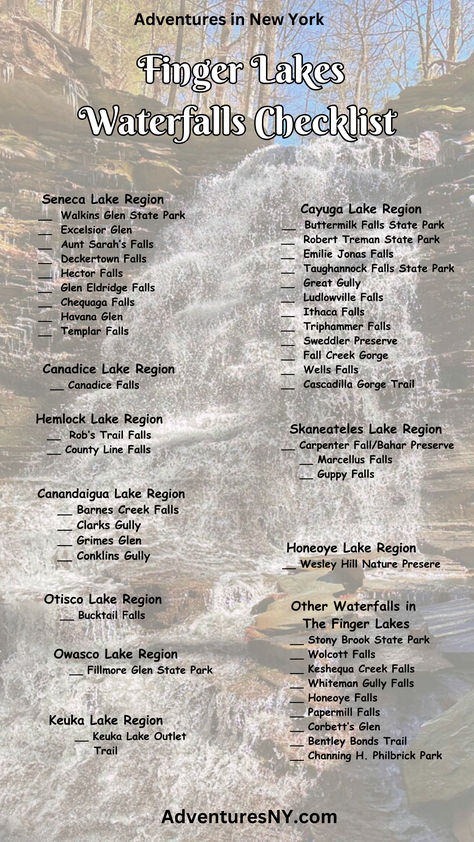 checklist of the waterfalls in the Finger Lake Region Finger Lakes New York, Finger Lakes Things To Do, New York State Travel, Adirondacks Ny, Skaneateles Lake, Ny Travel, Canandaigua Lake, Finger Lakes Ny, Yellowstone Vacation