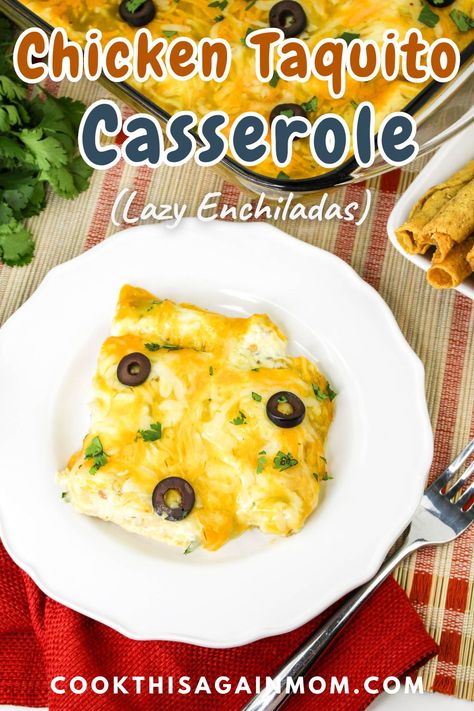 Make dinner a breeze with this Chicken Taquito Casserole recipe. Frozen taquitos covered in creamy sauce and green enchilada sauce make a satisfying meal. Chicken Taquito Enchilada Casserole, Frozen Chicken Taquitos Casserole, Easy Enchiladas With Frozen Taquitos, Chicken Taquito Casserole Recipe, Frozen Taquitos Recipes, Taquito Enchilada Casserole, Taquito Casserole Recipe, Taquito Casserole, Frozen Taquitos