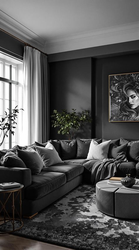 Dark Grey Couch Living Room Grey Couch Living Room Black Accent, Grey Walls Black Furniture Living Room, Dark Grey And Black Living Room, Living Room Charcoal Couch, Dark Grey Sectional Living Room Ideas, Curtains With Grey Couch, Grey Couch Decor Ideas, Dark Grey Couch Decor, Modern Living Room Black Couch