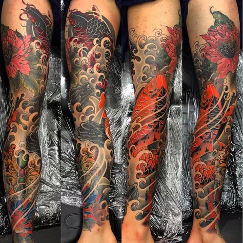 First tattoo. Koi leg sleeve by Darren Brauders of Colour Works Tattoo, Dublin, Ireland. 26 Hours Tattoo Dublin, Tattoo Koi, Japanese Leg Tattoo, Koi Tattoo Sleeve, Japanese Legs, Colour Tattoo, Full Leg Tattoos, Tattoo Leg, Tattoo Inspiration Men