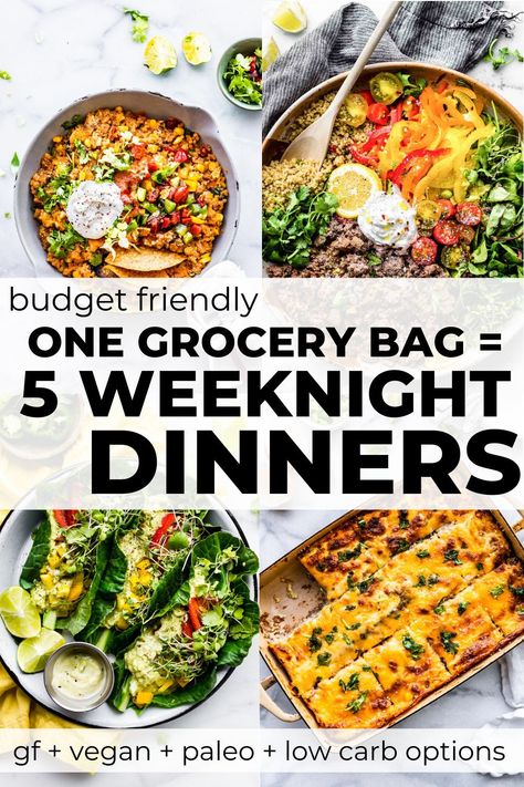 This weekly meal plan just might help you budget wisely while also enjoying meals delicious! Yes, 5 meals from 1 bag of groceries! Easy Meal Plan For The Week, 5 Day Meal Plan Healthy, Grocery List And Meals For A Week, Easy Week Meal Plan, Weekly Meal Plan And Grocery List, $5 Meal Plan Recipes, $50 Meal Plan, Five Meals A Day Plan Ideas, Weekly Meal Prep Plan