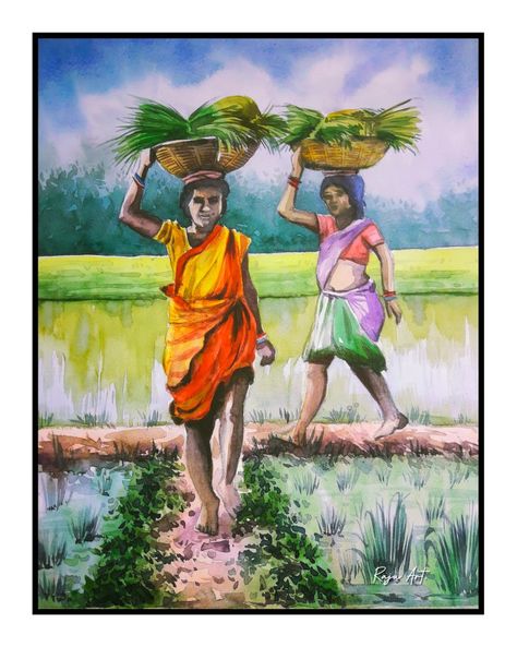 Indian village farmers, water colour on paper. This painting I inspired by other artist's work.. Composition Painting For Class 12, Water Colour Composition Drawing, Village Farmer Painting, Village Painting Indian Landscape, Indian Farmer Drawing, Farmer Painting Art, Village Composition Painting, Village Market Scene Drawing, Composition Ideas Drawing