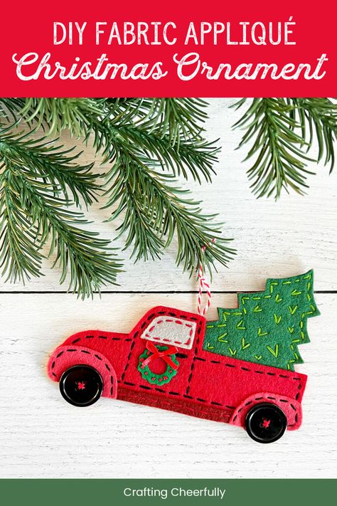 Felt Truck Ornaments, Red Truck Christmas Ornaments Diy, Red Truck Christmas Tree Ornaments, Diy Red Truck Christmas Tree Ornaments, Felt Truck Pattern, Felt Train Ornament, Christmas Felt Patterns, Felt Ornaments Patterns Free, Vintage Felt Christmas Ornaments