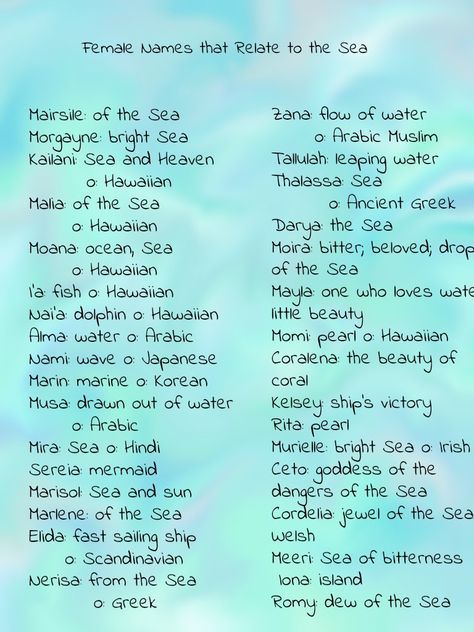 Water Last Names, Ocean Last Names, Fantasy Ocean Names, Ocean Names Inspiration, Water Related Names, Ocean Boy Names, Names That Mean Ocean, Ocean Inspired Names, Sea Names