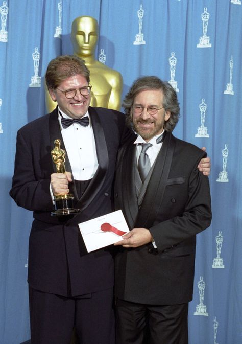 Backstage at the 67th Academy Awards - March 27, 1995.  L to R: Robert Zemeckis, Steven Spielberg.  Zemeckis won the Best Director Academy Award for his work on "Forrest Gump" and it was presented to him by his mentor Spielberg. Robert Zemeckis, Oscar Award, Best Director, Academy Award, Forrest Gump, Oscar Winners, Steven Spielberg, March 27, Academy Awards