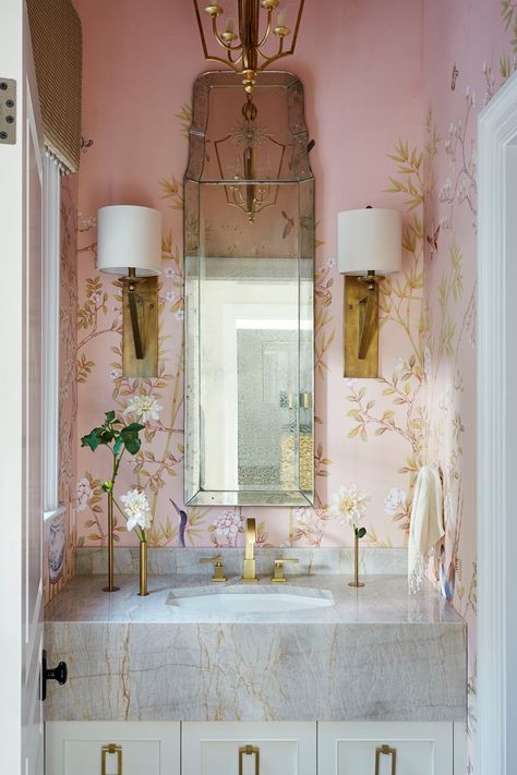 Buckhead Atlanta — Bridget Beari Designs Timeless Bathroom Design, Chinoiserie Mural, Traditional Home Magazine, Wallpaper Store, Aesthetic Interior Design, Timeless Bathroom, Deco Rose, Pink Bathroom, Bathroom Wallpaper