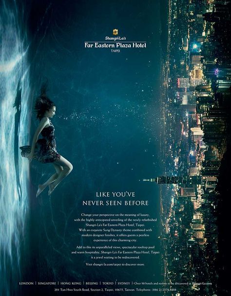 Underwater photographic advertising campaigns for Mastercard, Shangri-La, B&H, Greenpeace and Silent Pool are amongst Zena Holloway's commissioned work. Advertising Inspiration, Hotel Advertising, Hotel Ads, Shangri La Hotel, Desain Editorial, Shangri La, Creative Posters, Creative Ads, Display Design