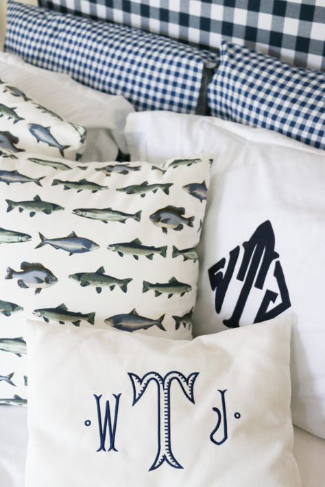 Sarah Tucker - big boy room for wesley - gingham headboard, shannon kirsten trout print Built In On Angled Wall, Little Boys Bedding, Boys Fishing Room Bedrooms, Boy Fishing Room, Classic Toddler Boy Room, Grandmillenial Boys Bedroom, Fishing Boys Room, Little Boys Room Wallpaper, Preppy Boy Room