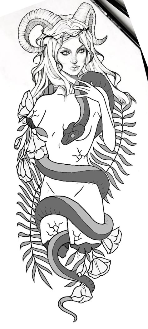 Lilith Serpent Tattoo, Lilith Back Tattoo, Dark Devine Feminine Tattoo, Lilith Sleeve Tattoo, Evil Goddess Tattoo, Lilith Coloring Pages, Lillith Goddess Art Tattoo, Capricorn Goddess Tattoos For Women, Lilith Goddess Drawing