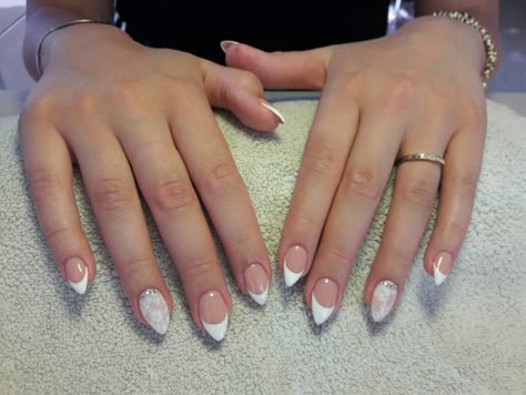 Short Stilleto French Tip, Short Stiletto French Tip Nails, Short Almond Acrylic Nails French Tip, French Manicure Designs Almond Shape, Short Pointy Nails Almond, Short Almond French Tip Nails, French Manicure Almond Nails, Extra Short Almond Nails, Red Nail Designs For Prom