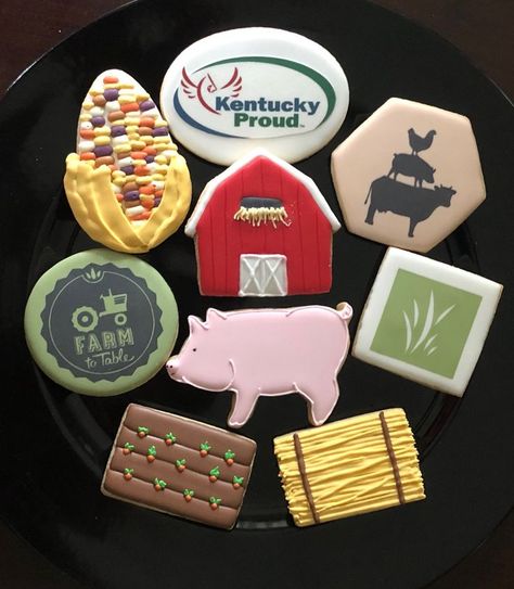 Kentucky agriculture cookies Farm machinery cookies Farm cookies Corn cookie Pig cookie Hay cookie Royal icing Cookie Royal Icing, Tractor Cookies, Birthday Emoji, Pig Cookie, Emoji Ideas, Farm Cookies, Pig Cookies, Sugar Cookie Royal Icing, Paint Cookies