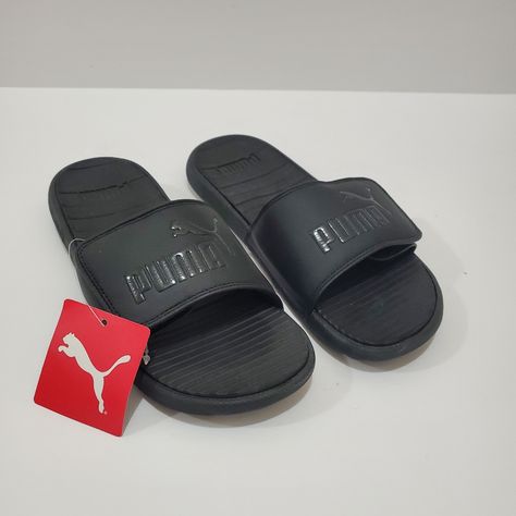 New With Tags. Men's Black Cool Cat V Slides From Puma. Thank You! Size: 8 Puma Slides For Men, Puma Slippers, Puma Sandals, Puma Slides, Slides For Men, White Slides Sandals, Basic Sandals, White Puma, Puma Logo