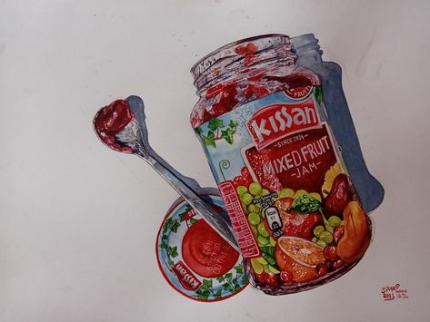 Jam jar #foodart #watercolour #realism #realistic #realisticart Realistic Object Painting, Object Shading, Watercolour Realism, Realism Watercolor, Watercolor Realism, Objects Drawing, Object Painting, Chocolate Drawing, Elementary Drawing