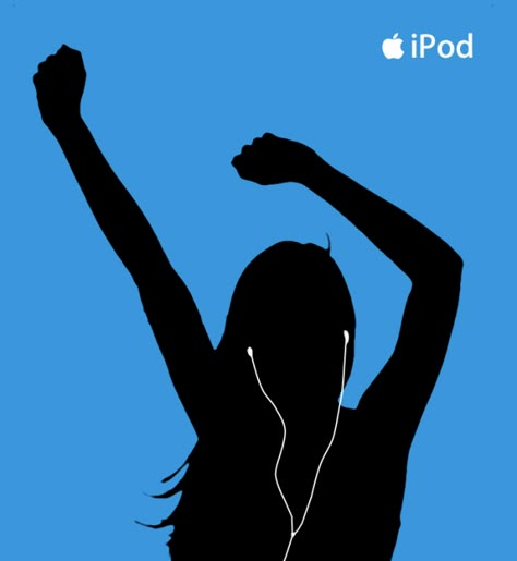 Another excellent and very simple add.  The stark colors work well.  Having the iPod logo and the silhouette of the headphones be the same color brings them together, so one gets the connection (in case they have never heard of Apple or an iPod before). Headphones Dancing Aesthetic, Ipod Graphic Design, Ipod Advertising, Ipod Silhouette Ad, Ipod Silhouette, Ipod Ad, Music Headphones Wallpaper, Ipod Advertisement, Ipod Commercial