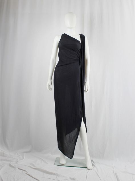 vintage Rick Owens EXPLODER dark grey maxi dress with triangulare hemline and side drape fall 2007 (7) Rick Owens Dress, French Vogue, Grey Maxi, Grey Maxi Dress, Curated Vintage, Vintage Designer, Rick Owens, Gray Dress, Minimalist Fashion