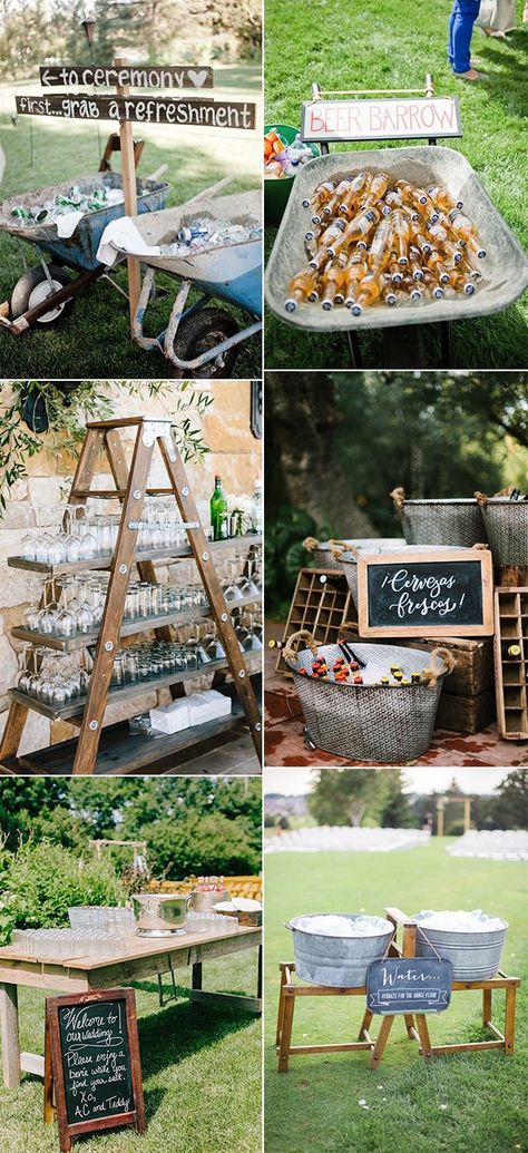 trending outdoor wedding drink station ideas Wedding Drinks Display, Casual Backyard Wedding Reception Drink Stations, Outdoor Wedding Entertainment, Wedding Drink Station Ideas, Drink Station Ideas, Beer Barrow, Wedding Drink Station, Lilac Wedding Bouquet, Drink Display