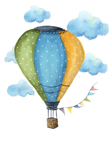 Watercolor Hot Air Balloon, Nursery Drawings, Hot Air Balloon Clipart, Diy Watercolor Cards, Hot Air Balloons Art, Balloons Art, Hot Air Balloon Design, Plan Image, Whimsical Art Paintings