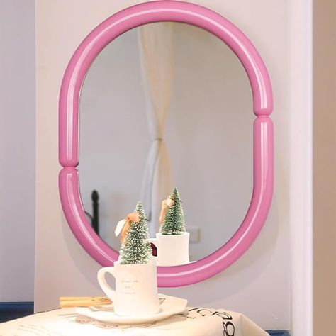 Sweeten Up Your Space: How To Candycore Your Home For The Holiday - Brit + Co Arch Mirror Bathroom, Mirror With Wood Frame, Bathroom Vanity Wall, Creative Bathroom, Vanity Wall Mirror, Colorful Frames, Fashion Mirror, Arch Mirror, Pink Mirror