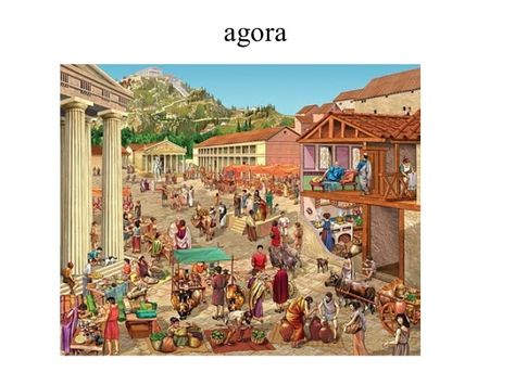 Chapter 4: section 1 Agora: In a Greek city you would find an agora in the center of the city. They used this space in order to hold gatherings, entertainment, and have markets. Rome Market, Greece People, Ancient Greece Aesthetic, Ancient Athens, Classical Greece, Rome Antique, Ancient Greek Art, Roman City, Greek Culture