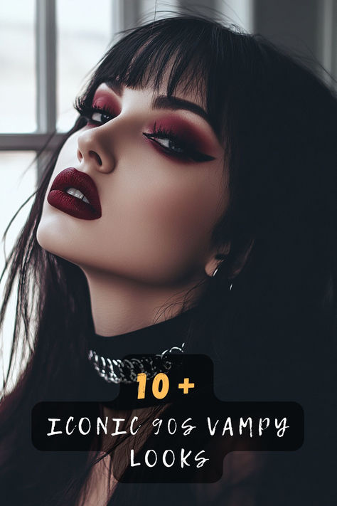 Love smoky eyes and bold lips? These 10 90s vampy makeup ideas give you all the edgy glam vibes, perfect for making a dramatic statement. 🖤💄✨ #90sSmokyEyes #VampyStyle #BoldMakeup #DarkBeautyGoals #MakeupIdeas #RetroGlam #MakeupInspo Dark Eye Makeup For Brown Eyes, Black Lip Combos, Classic Goth Makeup, Formal Goth Makeup, 90s Makeup Aesthetic, Gothic Glam Makeup, Grunge Makeup Hooded Eyes, Soft Goth Makeup Everyday, Elegant Goth Makeup