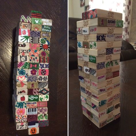 Personalized Jenga blocks with my sister and mom! Adds an extra challenge cuz you can only pick the blocks you designed. Painting Jenga Blocks, Acrylic Jenga, Jenga Block Painting Ideas, Jenga Painting Ideas, Painted Jenga Blocks, Jenga Art, Personalized Jenga Game, Painted Jenga Blocks Game, Customized Jenga Game