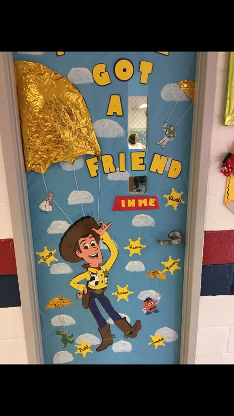 Toy Story Teacher Appreciation, Cartoon Classroom Theme, Disney Halloween Door Ideas, Toy Story Classroom Theme Bulletin Board, Toy Story Office Decorations, Disney Themed Classroom Doors, Classroom Door Disney, Preschool Classroom Decor Themes Class Door Back To School, Toy Story Door Decorations Classroom