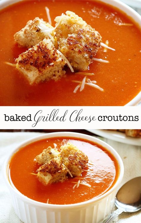 The BEST Grilled Cheese Croutons! Grilled Cheese Croutons Recipes, The Best Tomato Soup, Store Tomatoes, Eggs In Tomato Sauce, Baked Grilled Cheese, Cheese Dippers, Croutons Recipe, Best Tomato Soup, Grilled Cheese Croutons