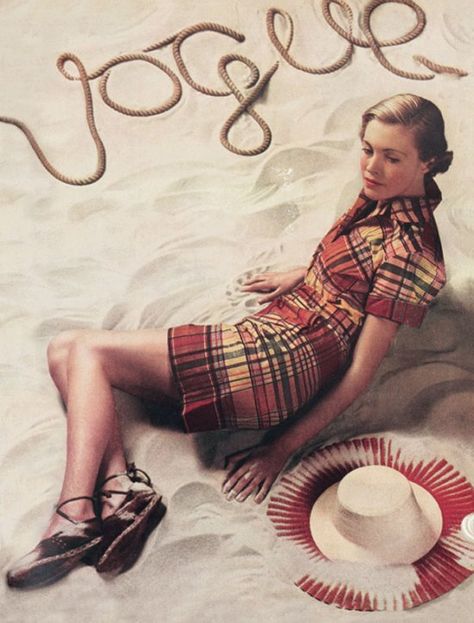 Vogue Cover June 1934: 1930s vintage beach / swimwear fashion Vintage Vogue Covers, Patti Hansen, Chanel Espadrilles, Vogue Vintage, Bianca Jagger, Vogue Magazine Covers, Magazine Vogue, Vogue Archive, Lauren Hutton