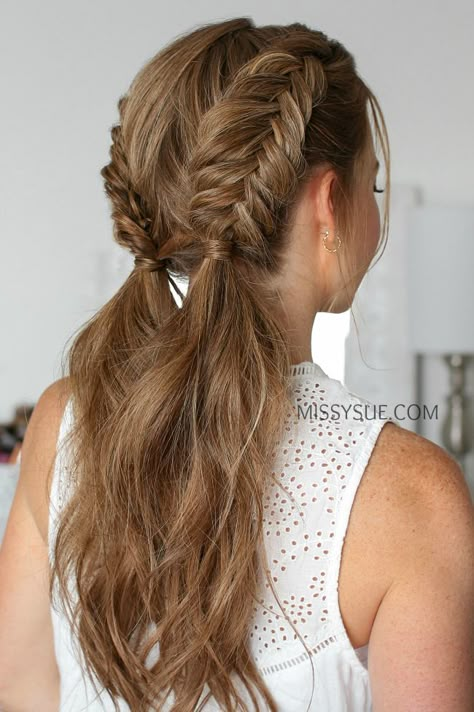 Dutch Fishtail Braid Half Up, Fishtail Braid On Top Of Head, Dutch Braids Wedding Hair, Half Double Dutch Braid, How To Do 2 Fishtail Braids, Cheat Fishtail Braid, Dual Braid Hairstyle, French Braid Formal Hairstyles, Double Fish Tail Braid