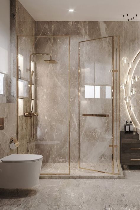 marble bathroom design by hsi Taupe Marble Bathroom, Bathroom Ceiling Design Modern, Modern Bathroom Design Marble, White And Gold Bathroom Ideas, Dark Marble Bathroom, Marble Design Bathroom, Brown Marble Bathroom, Bathroom Ceiling Ideas, Beige Marble Bathroom