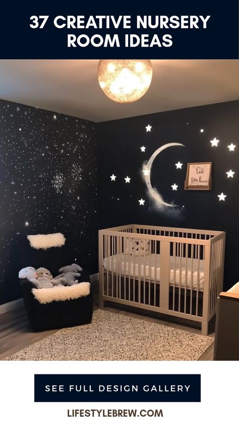 A beautiful assortment of 37 creative nursery room ideas featuring stylish decor and functional furniture for a cozy and functional baby space. Nursery Room Design Ideas, Space Baby Room, Galaxy Nursery, Creative Nursery, Space Themed Room, Nursery Room Ideas, Cozy Furniture, Nursery Room Design, Kids Bedroom Ideas