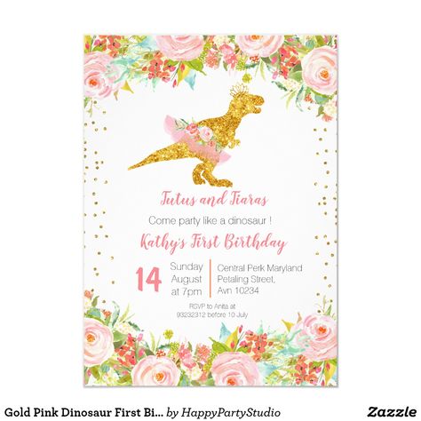 Trex Birthday, Floral Dinosaur, Dinosaur Birthday Party Invitations, Dinosaur Invitations, Rose Gold Invitations, Dinosaur Birthday Invitations, Dinosaur First Birthday, Pink Dinosaur, Dinosaur Birthday Party