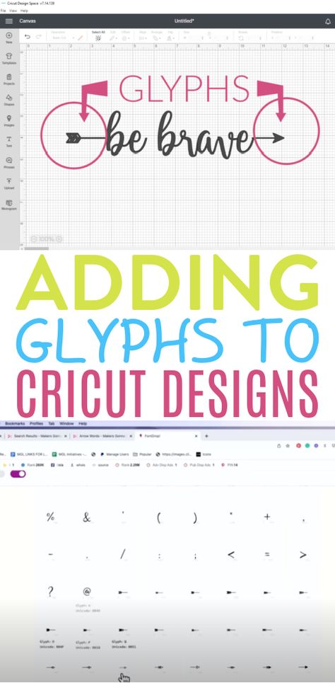 Add some fun to your fonts with the use of glyphs and special characters. We’re going to show you just how easy it is to take your fonts to the next level and give them some extra flair to them by adding glyphs to Cricut designs. This is one of those things that so many Cricut crafters don’t even seem to know about, but it’s such a great addition to your toolbox. Arrow Words, Glyph Font, Cricut Hacks, Font Examples, Word Fonts, Cricut Tips, Craft Techniques, Design Maker, Character Map