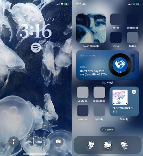 Jellyfish Iphone Theme, Jellyfish Ios Layout, Jellyfish Themed Phone, Blue Home Screen Layout, Lockscreen Ideas Iphone, Blue Iphone Theme, Ios Phone Theme, Iphone Blue Aesthetic, Blue Phone Theme