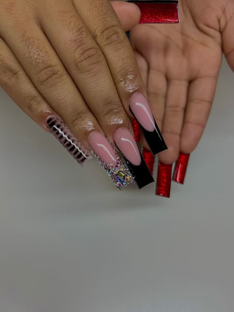 Black And Silver Red Bottom Nails, Black And White Red Bottom Nails, Square Acrylic Nails Red Bottoms, Red And Black Nails Black Women, Red Prom Nails Black Women, Short Red Birthday Nails, Black Red Bottom Nails Square, Black French Tip Nails Red Bottoms, Black French Tip Red Gems