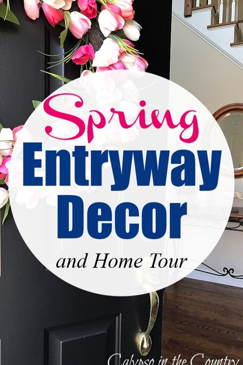 Pink tulip wreath on black front door leading to foyer. Spring Entry Table Decor, Foyer Entryway Decor Ideas, Spring Entryway Decor, Easter Entryway Decor, Hall Table Decor, Decorating With Blue And White, Front Entryway Decor, Foyer Table Decor, Eclectic Entryway