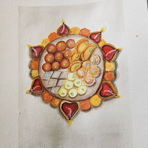 Diwali Sweets Drawing, Drawing And Painting Ideas, Campfire Drawing, Diwali Card Making, Akash Kandil, Chocolate Drawing, Diwali Painting, Festival Paint, Diwali Drawing