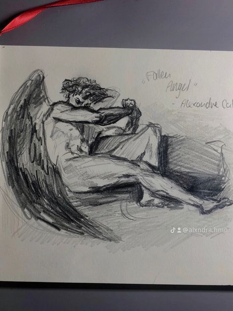 Fallen Angel Sketch Pencil Drawings, The Fallen Angel Sketch, Art Sketches Angel, Fallen Angel Art Draw, Fallen Angel Drawing Reference, Fallen Angles Drawing, Fallen Angel Wings Drawing, Fallen Angel Reference, Gay Sketch Drawings