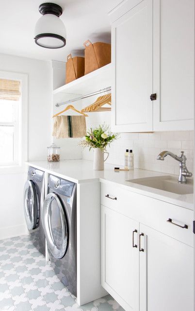 How to Remodel the Laundry Room sink counter same height as counter on top of washer dryer Transitional Laundry Room, Stylish Laundry Room, Laundry Room Flooring, Farmhouse Laundry, Garage Remodel, Farmhouse Laundry Room, Laundry Room Cabinets, Fireclay Tile, Laundry Room Remodel