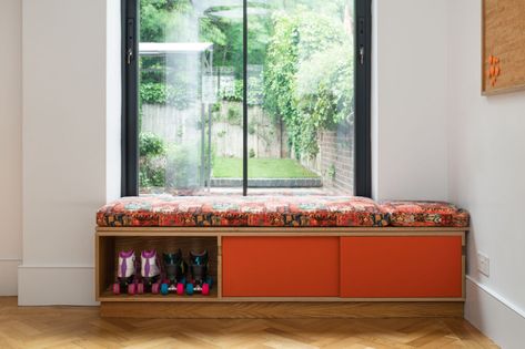 Kitchen of the Week: A Vibrant Family Kitchen in North London - Remodelista Plywood Storage Bench, Plywood Storage, Window Shelf, Victorian Terraced House, Plywood Kitchen, Victorian Kitchen, Big Kitchen, Kitchen Benches, Victorian Terrace