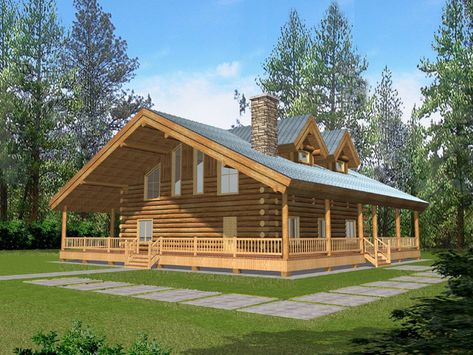 The Elk Run Rustic Home has 1 bedroom and 2 full baths. See amenities for Plan 088D-0058. Log Cabin House, Log Home Plans, Cabin House, Cabin House Plans, Country House Plan, Cottage Plan, Log Cabin Homes, House With Porch, A Frame House