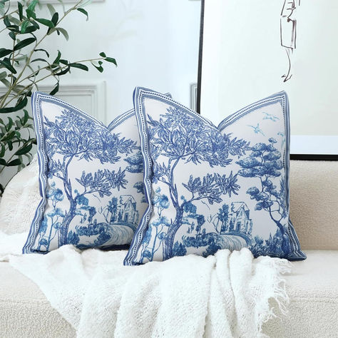 Blue Floral Decorative Toile Throw Pillow Covers 18X18 In Set of 2 French Blue Forest Pillow Cover Art Print Cotton Square Vintage Pillowcase Farmhouse Cushion Cover Home Decor for Couch Sofa Bedroom Navy Blue House Decor, French Blue Bedroom, Blue Willow Decor, Toile Pillow, French Chinoiserie, Blue Mugs, Toile Pillows, Ear Phones, Embroidered Pillows