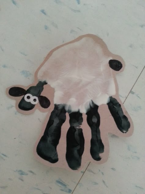 Handprint Sheep! Lamb Handprint Craft, Handprint Sheep Craft, Goat Handprint Craft, Fingerprint Sheep Craft, Farm Handprint Art, Sheep Art Preschool, Farm Animal Handprint Art, Cow Handprint Craft, Sheep Footprint