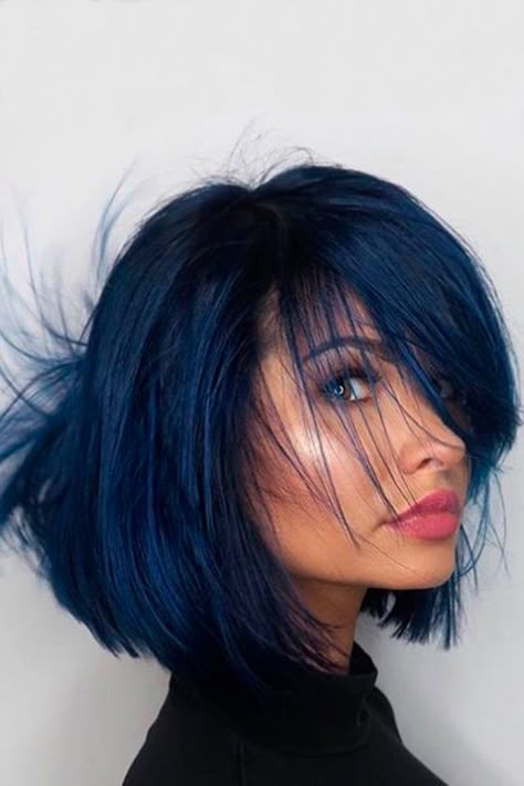 Popular Styles with Fringe Bangs That Will Elevate Your Beauty ★ See more: http://lovehairstyles.com/popular-styles-fringe-bangs/ Dark Blue With Light Blue Highlights, Blue Black Hair Color, Kort Bob, Blue Black Hair, Dark Blue Hair, Colourful Hair, Black Hair Color, Hair Color For Women, Hair Color Blue