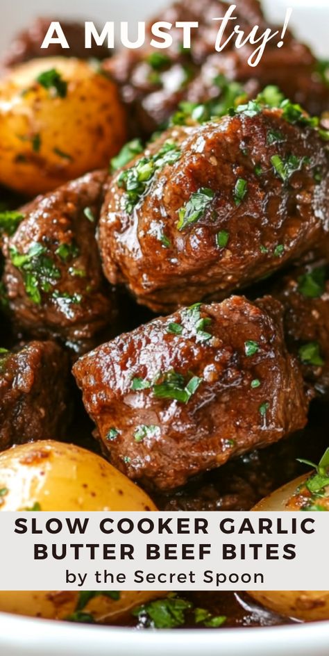 Love easy slow cooker meals? This garlic butter beef bites and potatoes recipe is a game-changer! Packed with flavor, tender beef, and perfectly cooked potatoes, this dish is a family favorite. Set it and forget it with this effortless slow cooker recipe. Butter Steak Bites Crockpot, Crockpot Ham Steak, Stew Beef Recipes Crockpot, Garlic Butter Steak Bites Crockpot, Best Crockpot Recipes Dinners, Pork Loin Recipes Crockpot, Steak Bites Crockpot, Beef Bites And Potatoes, Crockpot Ham Recipes