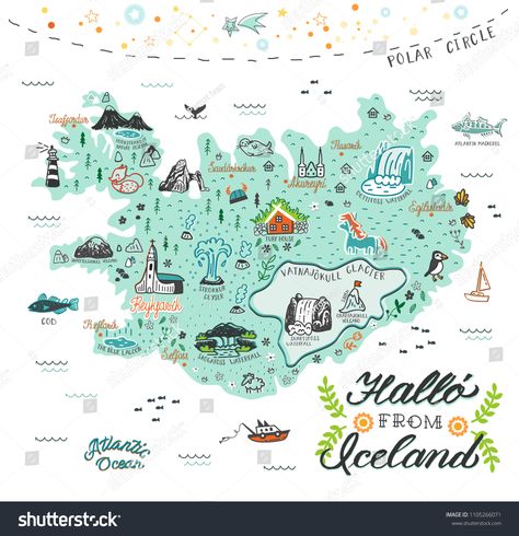 Hand drawn illustration of Iceland map with tourist attractions. Travel concept. Hallo (icelandic language) - Hello.Iceland#map#tourist#Hand Iceland Photography Landscapes, Iceland Travel Summer, Iceland Wallpaper, Icelandic Language, Iceland Travel Photography, Iceland Honeymoon, Golden Circle Iceland, Hello In Languages, Iceland Flag