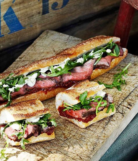 Rare roast beef baguettes with roast tomato and currant chutney Roast Beef Baguette, Rare Roast Beef, Picnic Menu, Picnic Sandwiches, Roast Beef Sandwich, Baguette Recipe, Gourmet Sandwiches, Slow Cooked Beef, Sandwiches And Wraps