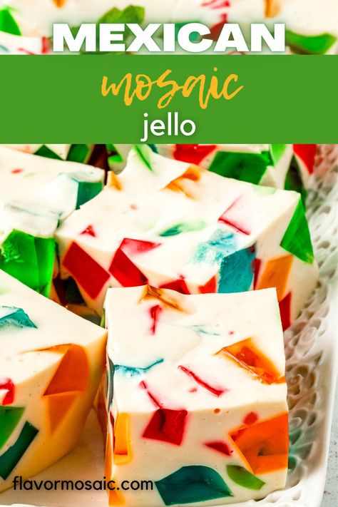 This Mexican mosaic jello is a classic Mexican dessert that resembles a cathedral's window! This classic dessert is perfect for many special occasions, such as Christmas, children’s birthday parties, or anytime. Next time you want an easy, light, unique dessert, make this Stained Glass Gelatin. It will become one of your favorite Dessert Recipes. Mosaic Jello Recipe, Mosaic Jello, Mexican Jello Recipe, Mexican Mosaic, Jello Flavors, Gelatin Recipes, Christmas Children, Gelatin Dessert, Colorful Desserts