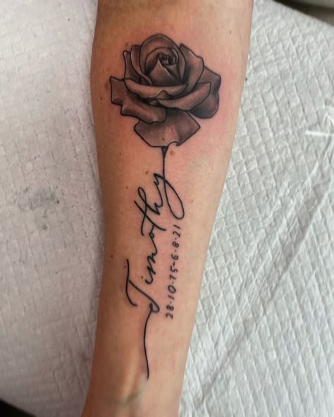 Rose With Signature Tattoo, Forearm Tattoo Memorial, Rose Memorial Tattoos For Women, Memorial Rose Tattoo, Rose Memorial Tattoo Dads, Name In Rose Stem Tattoo, Rose Name Tattoos For Women, Rose Memorial Tattoo Grandmothers, Rose Remembrance Tattoo