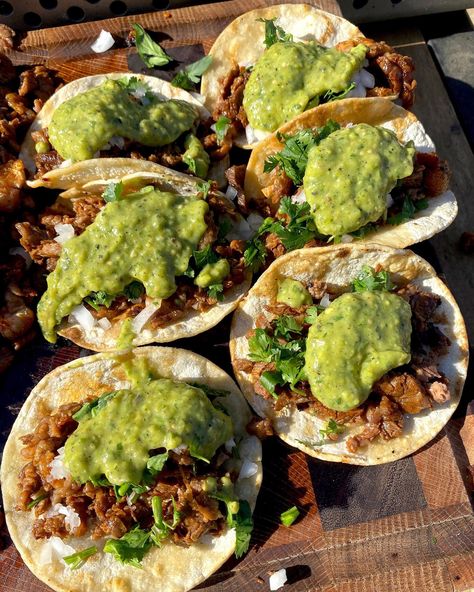 Creamy Green Salsa, Tacos Carne Asada, Miguels Cookingwithfire, Authentic Tacos, Disney Themed Food, Mexican Market, Asada Tacos, Carne Asada Tacos, Green Salsa